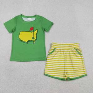 Tenues pour frères et sœurs pour enfants en bas âge, style golf, t-shirt vert et short rayé jaune, ensemble d'été 2 pièces - Product Image 6