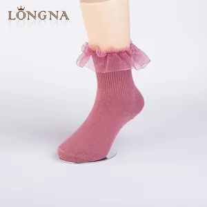 Moda dantel pamuk pembe örgü bebek kız çorap yay ile kız fırfır çorap