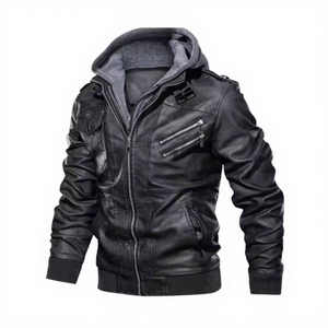 Veste en cuir noire pour homme, à capuche, style motard, avec poches zippées, épaulettes, veste bomber, automne - Product Image 1