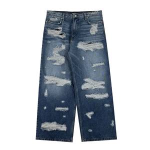 Nouvelles tendances, jean déchiré ample en denim 100% coton 14 oz, style streetwear, coupe ample, délavé à la pierre, usé, pour hommes - Product Image 5