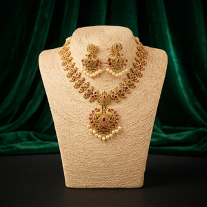 Luxury <b>Ruby</b> Emerald AD Polki <b>Necklace</b> Set with Pear Cut Floral Pendant Gold Finish Wedding Party Jewelry for Women Set - Product Image 3