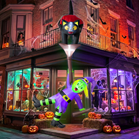 Chat gonflable d'Halloween monté sur une balai de sorcière, décoration de jardin gonflable avec lumière LED pour fête d'Halloween en extérieur