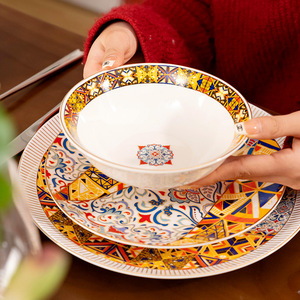 Ceramic Tableware <b>Set</b> of Four Steak Dishes Bohemian Style Colorful Artistic <b>Dinnerware</b> <b>for</b> Household Wedding and Restaurant - Product Image 2