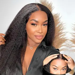 Women Blend T Part Wigs Supplier 200 Density Kinky Straight 26 Inches Transparent 13*5 Frontal Lace Wigs Brazilian Human Hair