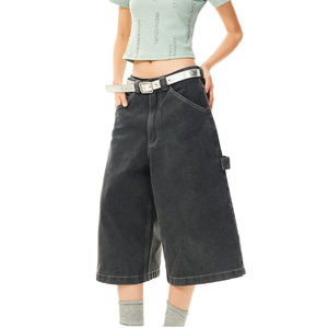 Shorts de mezclilla de mujer de cintura alta, holgados, lavados a la piedra, de pierna ancha, 100% algodón, informales, transpirables, para verano, hasta la rodilla - Product Image 1