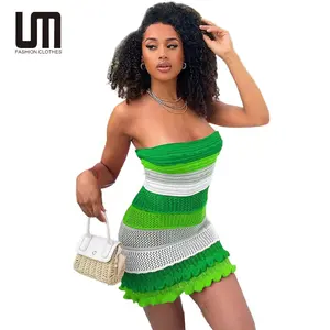 Liu Ming New Style Women Sexy Strapless Sweet Contrast Stripe Knitted Tight Bodycon Short Mini Dress