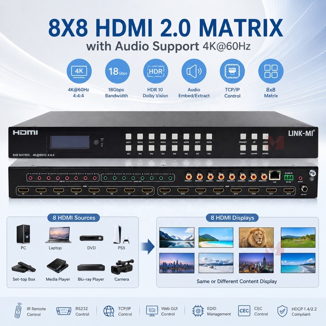 8x8 HDMI Matrix 4K60Hz HDMI 2.0 Matrix Switcher with HDCP 2.2 Audio Extraction RS232 TCP/IP Web GUI for Conference Room