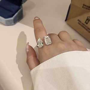 Bague ouverte en argent pur S925, forme poire, design goutte d'eau, élégante, grande pierre en forme de cube de sucre, incrustation de deux pierres, coupe légère, luxe de niche - Product Image 1