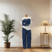 Ensemble deux pièces pour femmes, couleur contrastée, manches courtes, col rond, pantalon cargo patchwork, tenue streetwear