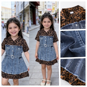 Nuovo <span class=keywords><strong>Vestito</strong></span> di Jeans alla Moda per Ragazze con Patchwork, Maniche Corte con Volant e Stampa Leopardata, Abito Casual in Denim - Product Image 3