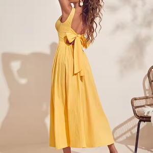 2025 Vintage da donna in <span class=keywords><strong>cotone</strong></span> intrecciato in tinta unita con lunghezza Midi abito Casual Sexy profondo con scollo a V abito da donna giallo chiaro - Product Image 2
