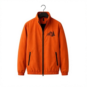 <b>Men's</b> Orange <b>Bomber</b> <b>Jacket</b> Solid Color Stand Collar Zipper Closure Embroidery Mountain Design Casual Autumn Wear - Product Image 1