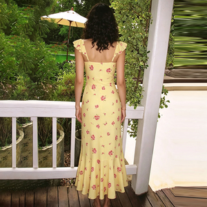 Yellow Floral Mermaid Maxi Dress for Women, Elegant Ruffle Strap Square Neck Summer Dress, For Casual Party Beach - Product Image 5
