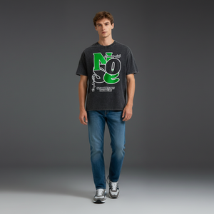 T-shirt vintage surdimensionné en coton tricoté noir à 100 % avec texte « Say Goodbye Past Explore Life » vert et blanc pour un style décontracté - Product Image 2