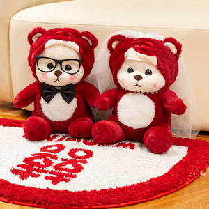 ตุ๊กตาหมีเท็ดดี้งานแต่งงาน ของขวัญคู่รัก หมีสตรอว์เบอร์รี่ผูกโบว์ ตุ๊กตาสัตว์นุ่มนิ่ม หมอนอิงการ์ตูน ของตกแต่งงานปาร์ตี้ - Product Image 1