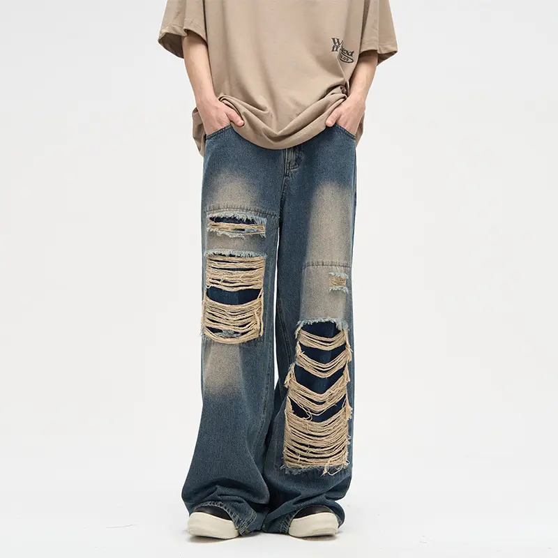 Produttore di Jeans Slim Fit Slim da uomo di alta qualità con bordo grezzo Patchwork strappati strappati impilati
