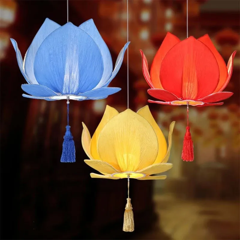 Nouveau lustre Lotus en tissu chinois lampe Lotus classique bouddha Hall Temple lampes de salon Restaurant lampes suspendues