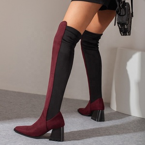Big Size 48 Low Chunky Heels Women Stretch Long <b>Boots</b> Patchwork Suede Square Toe Wide Leg Over Knee Booties on Shoes - Product Image 2