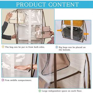 Heavy-Duty 4 <b>Large</b> Clear PVC Pockets Handbag Hanging Organizer, Wooden Hanger Oxford Cloth for Closet & Bedroom Storage Bag - Product Image 6