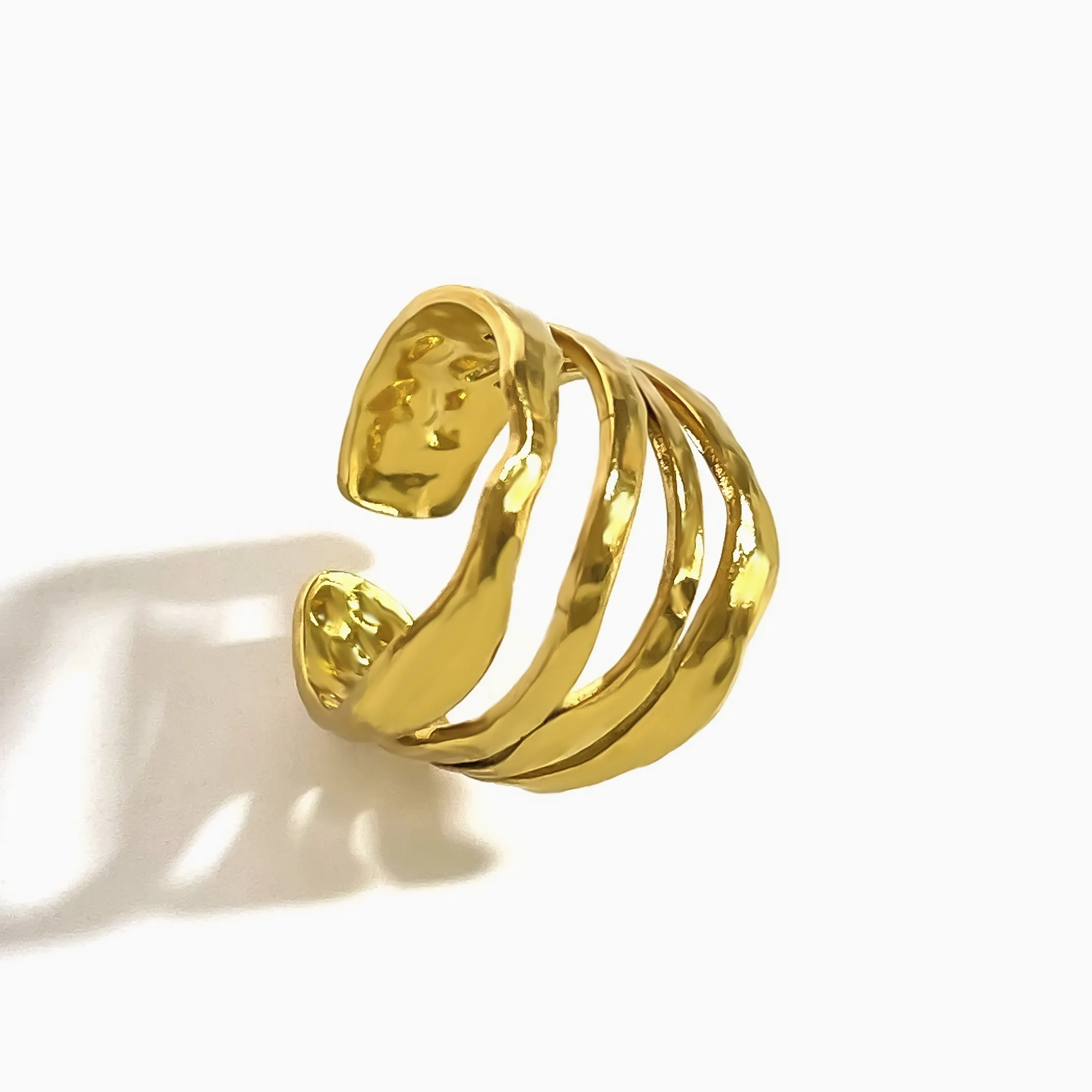 Минималистское прочное позолоченное неправильное многослойное полое открытое широкополосное кольцо для женщин, массивные ювелирные изделия из нержавеющей стали