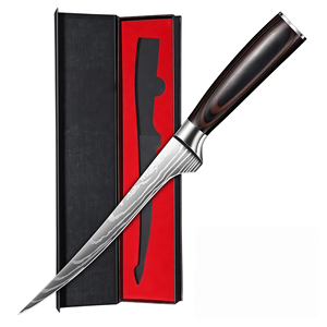 Cuchillo para deshuesar y filetear con patrón Damasco, mango de madera Pakka, hoja afilada de acero inoxidable, con caja de regalo, para carne, pescado, mariscos y aves. - Product Image 1