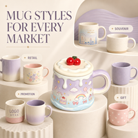 Taza de Cerámica Personalizada Kawaii con Tapa Degradada en Tonos Pastel, Diseño de Cereza, para Regalo, Café, Té, con Impresión de Logotipo, OEM, ODM, Venta al Por Mayor