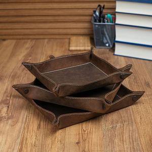 Handmade Genuine Leather <b>Foldable</b> Valet Personalized <b>Desk</b> Organizer Home Office Decorative Catchall Dice Tray - Product Image 2