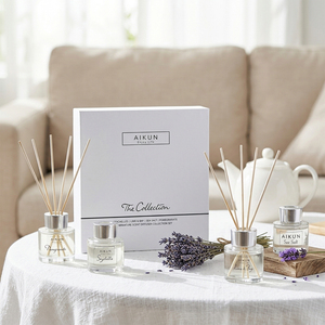 Aikun Gift Giving Four Piece 30ml Round Glass White Box Sea Salt Pomegranate Lavender IP12 Mini Reed <b>Diffuser</b> Set For Tea Table - Product Image 1