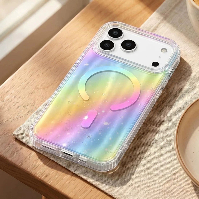 IMD Double-layer Water Ripple Texture Rainbow Aurora Laser Phone Case for iPhone 18Pro 17 16 15 Pro Max 14 13 Magnetic Cover