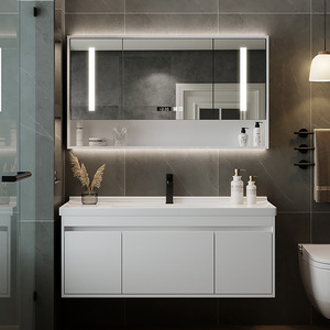 White simple ceramic integrated basin bathroom cabinet combination wash basin smart <b>mirror</b> cabinet - Product Image 2