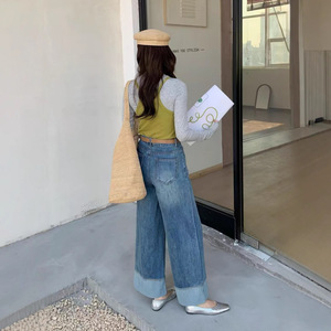 Bufa 2025 Spring New Chic Style High Waist Ankle Cuffed Loose Fit Pants Straight Wide Leg Pants Women <strong>Turn</strong> <strong>up</strong> <strong>Jeans</strong> - Product Image 4