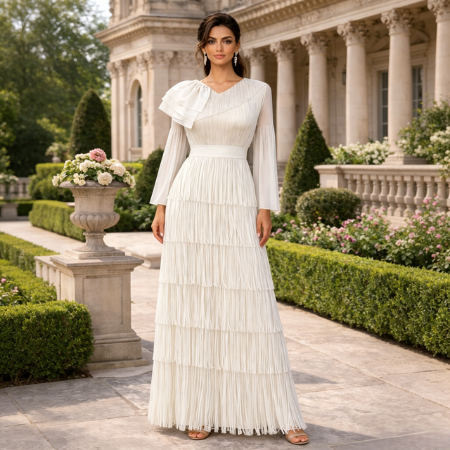 Lady's Ultra-Long Multi-Layer Fringed Floral Pattern Ball Gown Evening Dress with Pleated Details for Parties