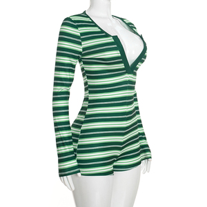 Viviblook J26RP336 Nouvelle Combinaison Décontractée Rayée Ajustée Sexy à Col en V et Manches Longues Côtelées pour Femme – Collection Automne - Product Image 4