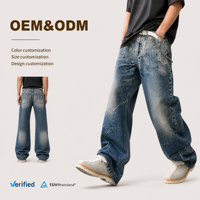 Jean large en denim de coton 14 oz pour homme, personnalisé, OEM ODM, faible MOQ, avec œillets métalliques vintage, coupe ample, style streetwear