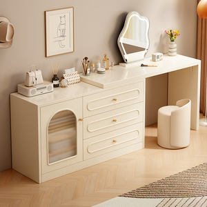 Solid Wood Dressing <b>Table</b> With Drawer Cream Color Lighted Mirror Bedroom <b>Makeup</b> Vanity For Home Use - Product Image 2