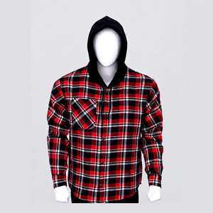 Wholesale Custom Men's Red Black Plaid Hooded <b>Flannel</b> Shirt <b>Jacket</b> Snap Button Casual Streetwear Shacket - Product Image 1