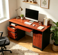 Bureau de direction avec tiroir pour classeurs, plateau pour clavier et 2 tiroirs, couleur gris blanc bois, bureau à domicile avec 2 tiroirs de rangement verrouillables