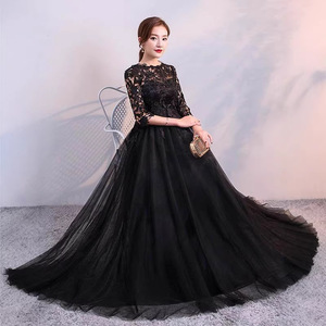 Black Evening Gown High Neck 3D Lace Empire Waist Long Sleeve Plus Size Coming Of Age Ceremony Dress - Product Image 2