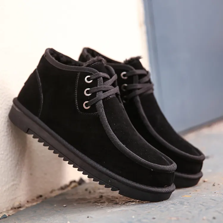 Stile di modo Genuino Del Cuoio Del Faux Foderato di Pelliccia Degli Uomini Della Caviglia Inverno Neve Mocassino Stivali per Uomo Lace Up Casual Scarpe Invernali nero