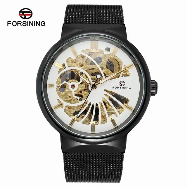 FORSINING FOR02 Herren uhr Voll Edelstahl Transparente Automatik Mechanische Uhr Skeleton Steampunk Clock Me