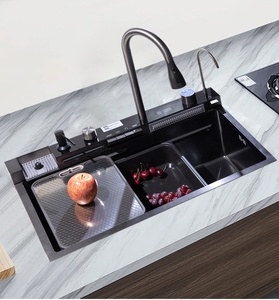 Fregadero de cocina de acero inoxidable negro, doble tazón, tipo estación de trabajo, con grifo en cascada y pantalla LED de temperatura - Product Image 5