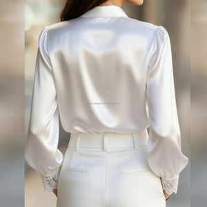 Chemisier élégant en satin avec patchwork <span class=keywords><strong>de</strong></span> dentelle pour femme, manches longues, col en V, chemise en soie, haut <span class=keywords><strong>de</strong></span> bureau, sur mesure, grandes tailles, OEM ODM - Product Image 3