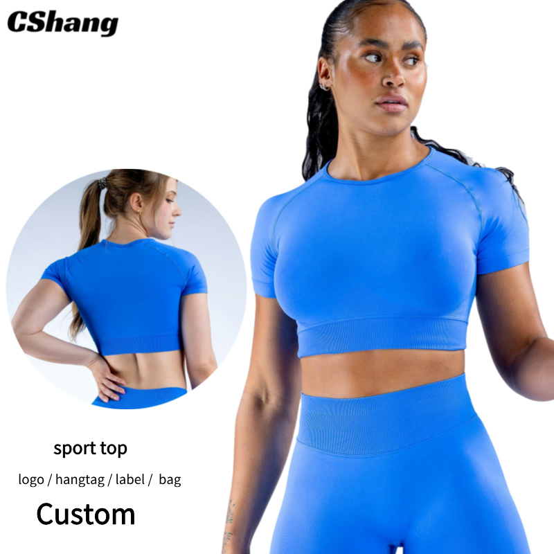 Seamless Athletic Summer Gym Crop Top Short Sleeve Fitness Sports Tshirt with Round Neck Spandex Workout Top for Running Yoga