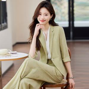 Women's Grey Three Quarter Sleeve Blazer Suit Set With Wide Leg Pants Summer Office Lady Breathable Polyester Fabric - Product Image 3