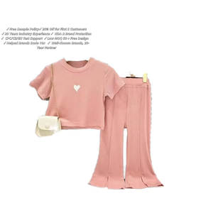 Conjunto de Verano para Niña, Chaqueta Corta con Estampado de Amor y Pantalones Anchos con Abertura, <span class=keywords><strong>Ropa</strong></span> Infantil Transpirable de Color Sólido - Product Image 1