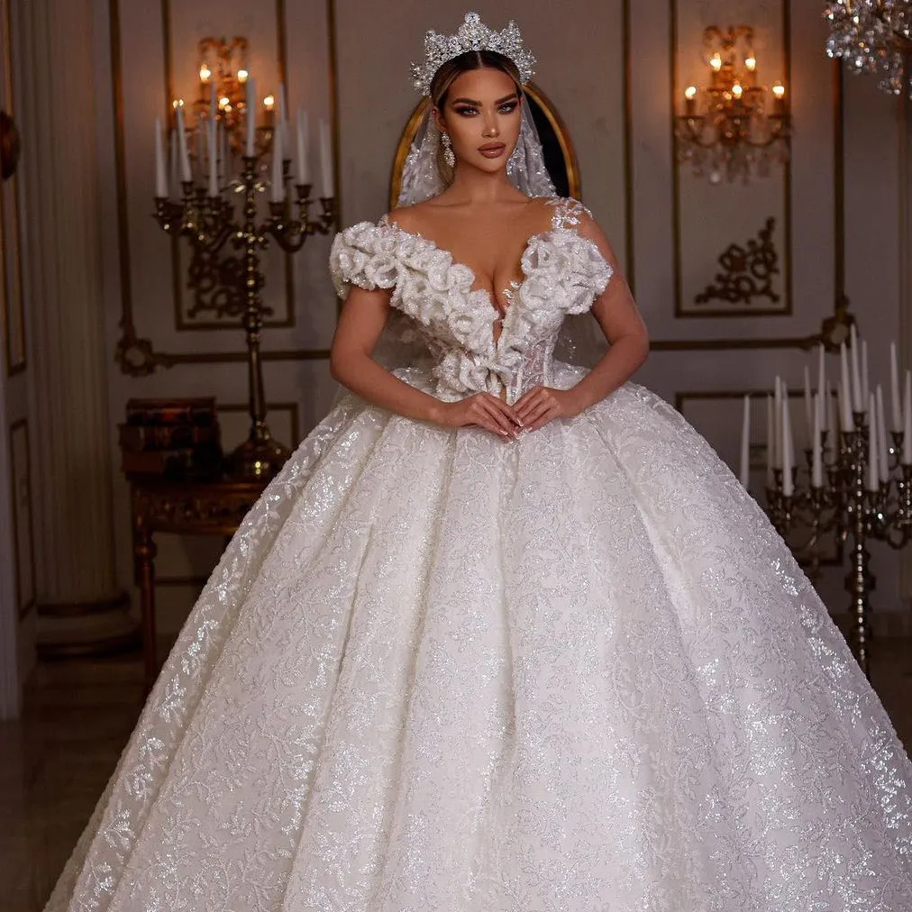 Robe de bal de princesse bouffante, fleurs 3D, épaules dénudées, manches courtes, robes de mariée cristal