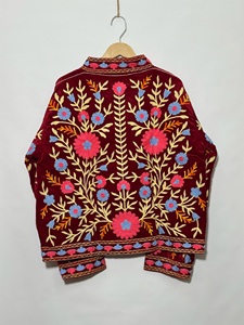 Women's Red Velvet Embroidered Jacket Mandarin Collar Floral Hand Embroidery Full Sleeve Autumn Style <b>Coat</b> - Product Image 4
