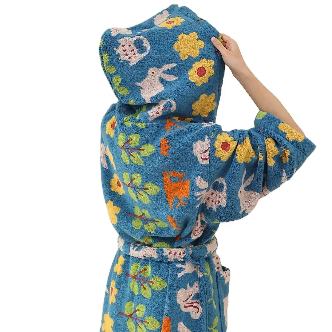 Hilo de algodón puro teñido Terry Cloth Albornoz con capucha Floral Animal Print-B Buena bata de algodón peinado absorbente para adultos y niños