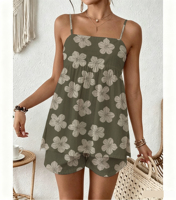 Ensemble court 2 pièces personnalisé pour femme en rayonne à fines bretelles, imprimé floral Hibiscus AOP, idéal pour l'été et les vacances à la plage