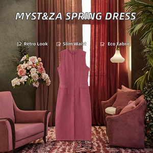 Robe boutonnée élégante et amincissante MYST&ZA pour femme, style vintage, mi-longue, unie, écologique, nouvelle collection printemps, tissée, taille naturelle - Product Image 2